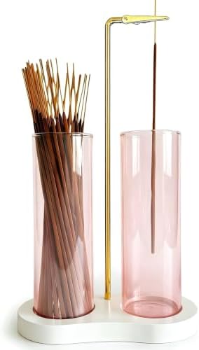Pink Glass Incense Holder, Incense Sticks Holder Burner with Storage & Ash Catcher for Room Decor (Pink)