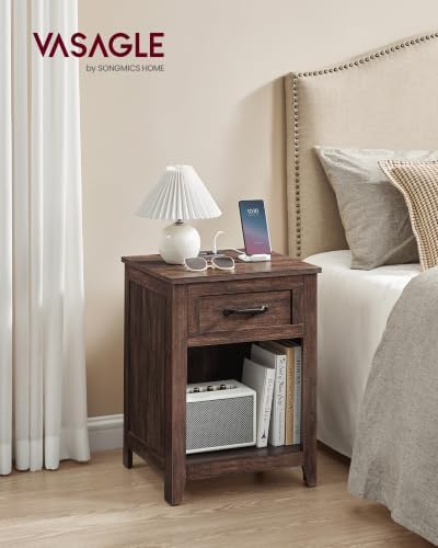 VASAGLE Farmhouse Nightstand with Charging Station, 1 Drawer