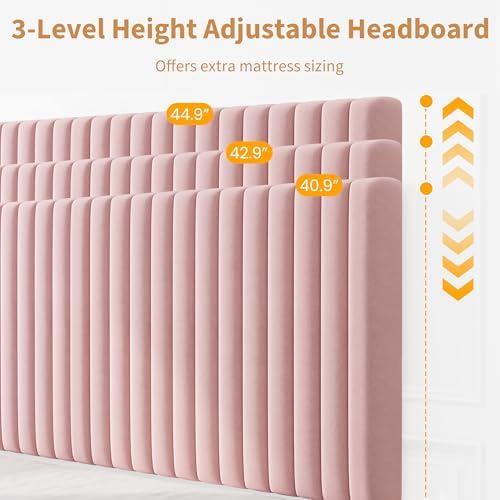 GAOMON Queen Bed Frame with Adjustable Headboard, Velvet Upholstered Platform Queen Size Bed Frame, Vertical Channel Tufted, Strong Wooden Slats, No Box Spring Needed, Easy Assembly, Pink