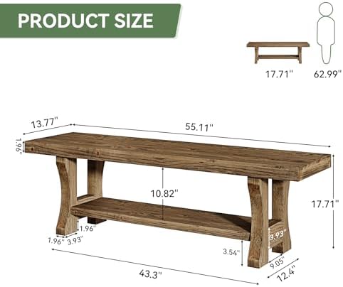 Solid Wood Storage Bench, Farmhouse Entryway Bench, Long Indoor Dining Seat for Hallway, Bedroom, Living Room, Dining Room, Easy Assembly, Dark Brown