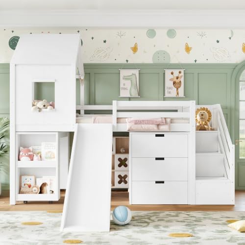 Twin Size Playhouse Low Loft Bed with Slide Storage Drawers Stair Shelves Pull Out Desk (White, Twin)