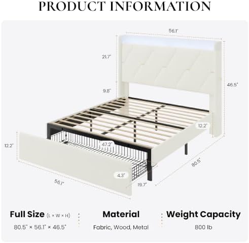 SHA CERLIN Full Size Bed Frame with Storage Drawer & LED Lights, Cream