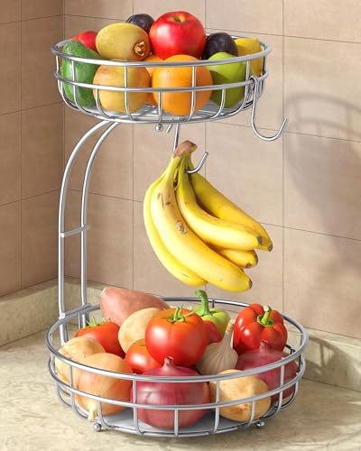 Sevenblue 2 Tier Modern Fruit Basket for Kitchen Counter, Silvery