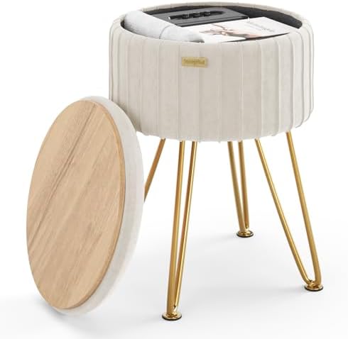 Round Ottoman with Storage, Pleated Velvet Storage Ottoman, Foot Stool Ottomans, Makeup Vanity Stool, Small Ottomans Foot Rest, Modern Vanity Stools for Living Room and Bedroom, Cream