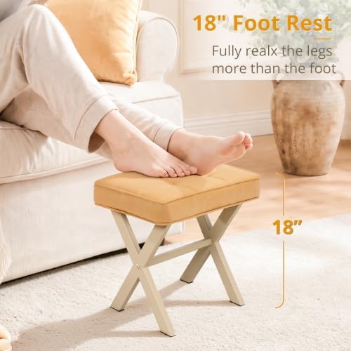 LUE BONA Vanity Stool, Square Linen Makeup Stool, Honey Brown