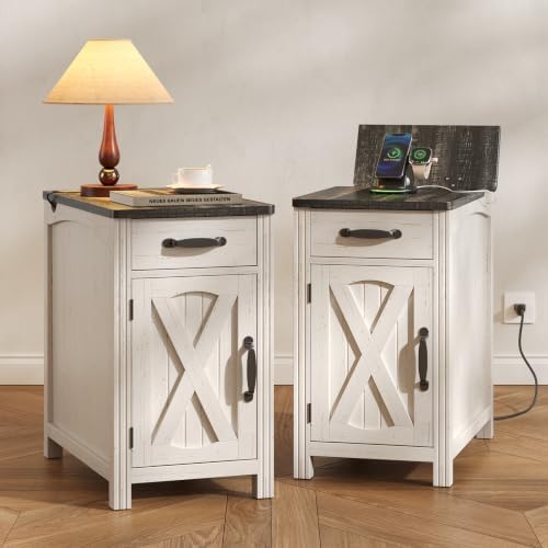 ONBRILL Farmhouse End Table Set of 2 with Charging Station,Rustic White