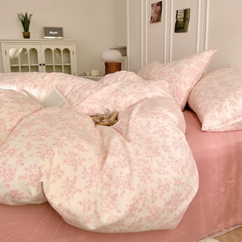 Pink Floral Duvet Cover Set King Size 3PCS Cotton Double-Layer Gauze Comforter Cover and 2 Pillowcases Soft Breathable Aesthetic Bedding Duvet Cover for Kids Adults Chic Floral Print Duvet Protector