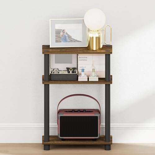Furinno Turn-N-Tube Narrow Night Stand, 3-Tier Rectangular Nightstand with Storage Shelf, Slim Toolless Bedside Table, End Table, Side Table, for Bedroom, Closet, Dorm, Amber Pine