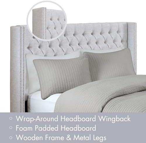 Madison Park Queen Wingback Upholstered Tufted Headboard, Featuring High-Density Sponge Padding, Adjustable Height Headboard, Easy Assembly, Gray