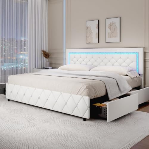 BarnFurin King Size Bed Frame with LED Headboard and Storage Drawers,White