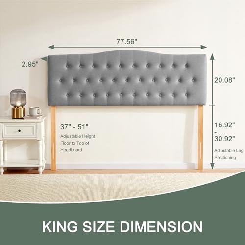 Tufted Headboard King Size, Solid Wood Adjustable Height Head Board, Gray