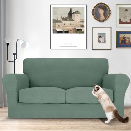 MAXIJIN 3 Piece Couch Covers for 2 Cushion Couch loveseat Cover, Stretch Love Seat Sofa Slipcovers for Dogs Pet, Thick Furniture Protector with 2 Seat Cushion (55"-69", Pea Green)