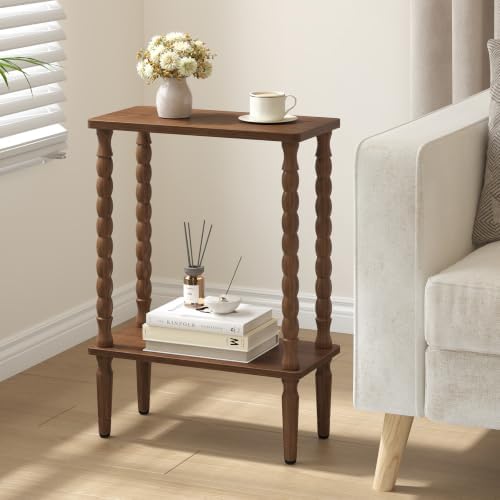 TUTOTAK Narrow Side Table with Solid Wood Legs, 2-Tier Small End Table