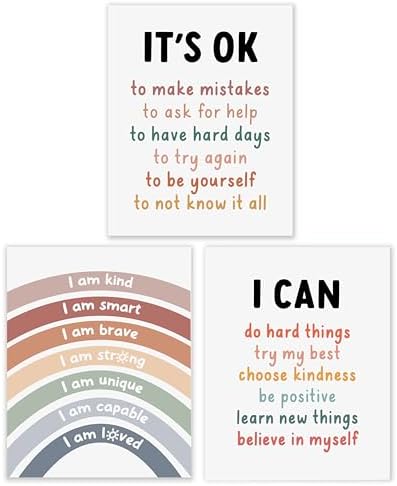 BESERH Boho Kids Positive Affirmation Rainbow Wall Decor, Mental Health Inspirational Wall Art Prints, Motivational Posters for Kids Room Nursery Playroom Classroom, 8x10 Inches Set of 3 Unframed