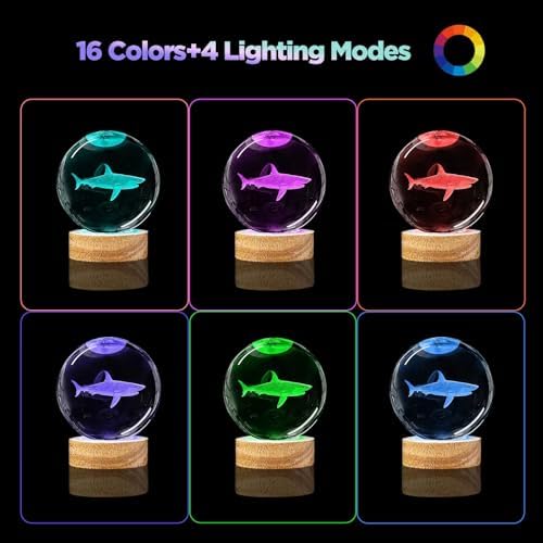3D Shark Crystal Ball Night Light with Remote Upgraded 3.15 in Shark Glass Ball Table Lamps with 16 Color Led Wooden Base for Birthday Xmas Cool Shark Figurines Room Decor Gifts for Kids Teen