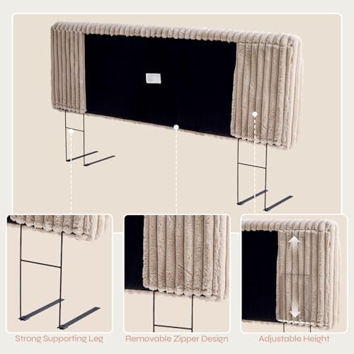 Pinmoco 4.7" Upholstered Modern Headboard for Queen Size Bed, Height Adjustable and Ergonomic Headboard, Easy Assemble, Sturdy and Durable, Faux Rabbit Fur, Light Camel