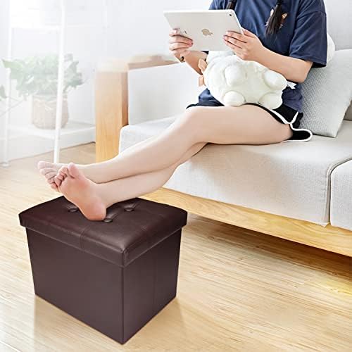 Bsketa Storage Ottoman Bench,17 Inch Folding Leather Foot Rest Stool,Brown