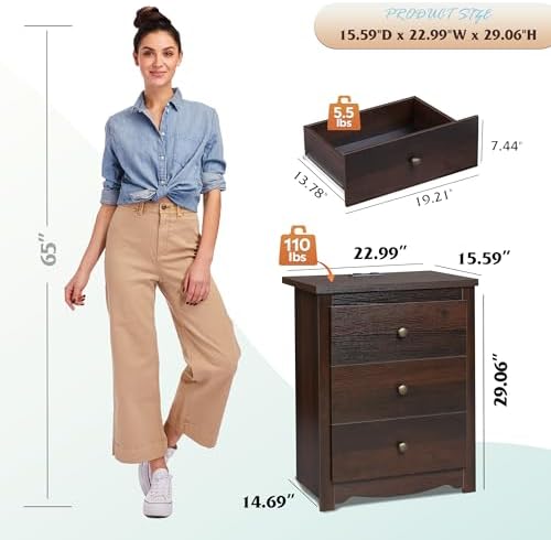 WLIVE Tall Nightstand with Charging Station, Wood Night Stand with 3 Drawers Storage, Bedside Table End Side Tables with 2 USB Ports and Outlets for Bedroom, Closet, Espresso