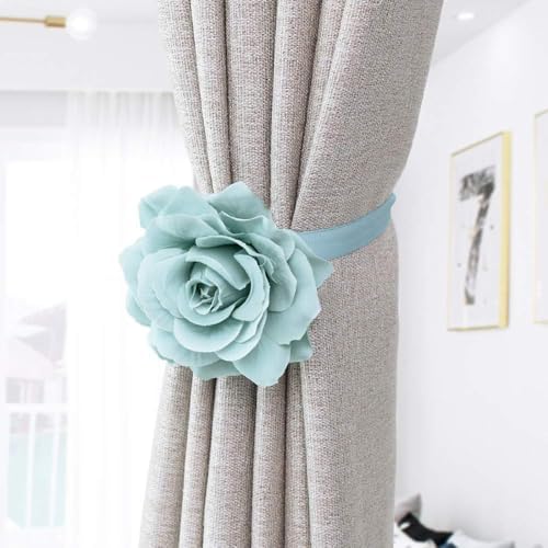 Magnetic Curtain Tiebacks, Rose Flower Tie Backs Rope for Curtains, Elegant 2 Pack Decorative Holdbacks Holders, Home Decor Thin or Sheer Window Drapries Bed Canopy (Sky Blue)