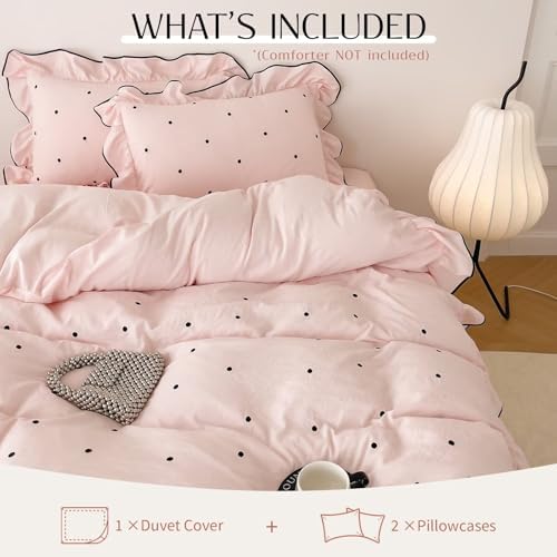 Pink Polka Dot Duvet Cover Set Twin Size 3 Pcs(1 Duvet Cover with 2 Pillowcases),Soft Brushed Washed All Seasons Comforter Covers with Ruffles,Twin Bedding Set for Teen Girls 68"×86"