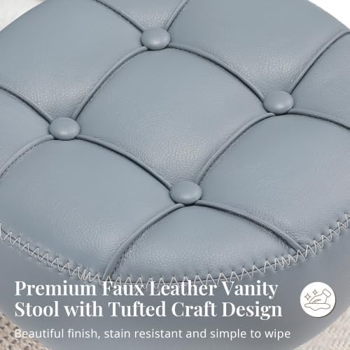 LUE BONA Height Adjustable Vanity Stool 15.8"-20.7", 360° Swivel Grayish Blue Faux Leather Chair, 300lb Capacity for Makeup Room, Bathroom