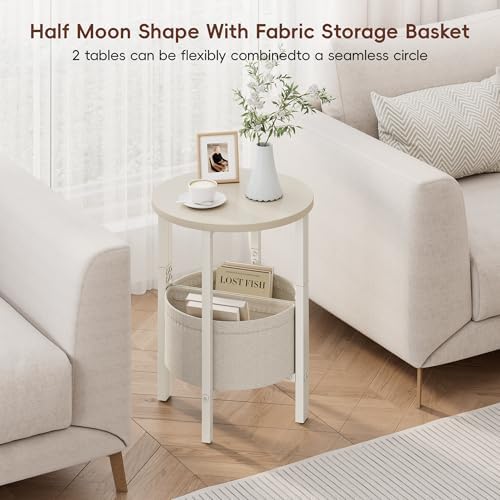 Vagusicc Small Round Side Table End Table, Tall Accent Table with Storage Basket, Set of 2 Half Round Tables Half Moon Tables, Coffee Bedside Tables, Modern Nightstand for Living Room Bedroom, Cream