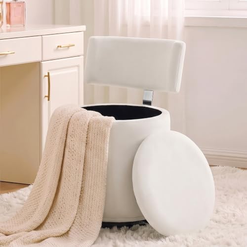 Swivel Vanity Chair with Storage, Velvet Makeup Stool with Higher Back for Living Room, Bedroom, Dressing, White