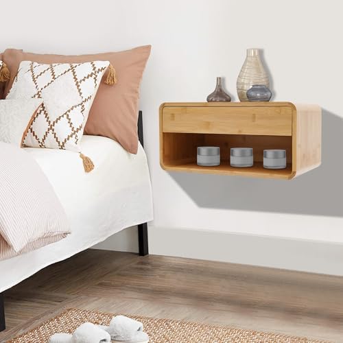 Bamboo Floating Nightstand with Storage Drawer, Wall Mounted Bedside End Tables with Open Shelf, Modern Bedside Cabinet Storage for Bedroom Living Room