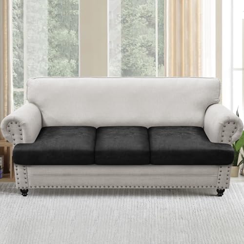 T Cushion Sofa Slipcovers Leather-Look 3PC Stretch Sofa Cushion Covers for 3 Cushion Couch Individually Couch Seat Covers with Elastic Bands, Pet-Friendly, Non-Slip, Easy Fit - Black