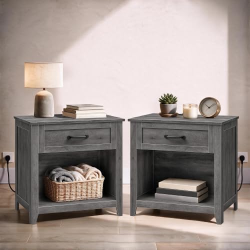 VASAGLE 23.6 inch Farmhouse Nightstands Set 2, Charging Station, 1 Drawer