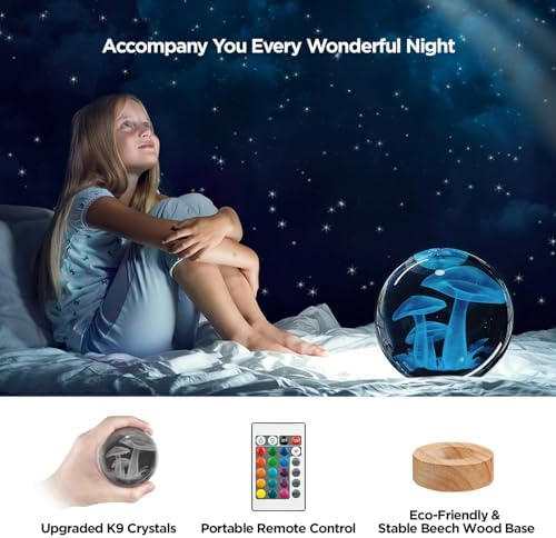 3D Mushroom Crystal Ball Night Light with Remote Upgraded 3.15 In Mushroom Glass Ball Table Lamps with 16 Color Led Wooden Base for Birthday Xmas Cute Mushroom Room Decor Gifts for Kids Women Teen