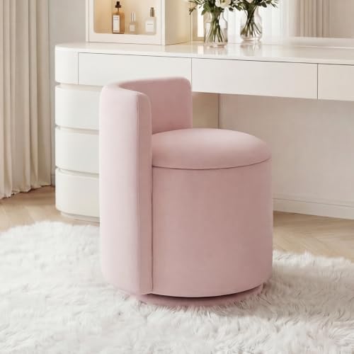 FOXHUNTER Vanity Stool with Storage, 360° Swivel Accent Chair, Velvet Pink