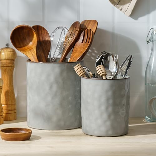 famiware Ceramic Utensil Holder, 7.2"+5.8", Set of 2, Gray