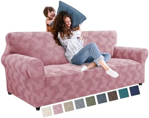 JIVINER 1 Piece Couch Cover for 3 Cushion Couch, High Stretch Sofa Covers with Elastic Bottom, Washable Sofa Slipcovers for Dog, Pets Feature Geometrical Jacquard Fabric (Sofa, Pink)