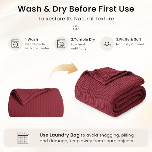 Love's cabin 100% Cotton Muslin Blanket Large Throw for Couch, Wine Red