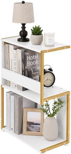 Narrow End Table for Small Spaces - Slim Side Table, S Shape Design Narrow End Tables Living Room,Skinny Bedroom Nightstand Thin Side Magazine Bookshelf (Champagne Gold)