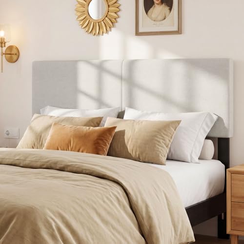 GIANTEX Linen Upholstered Headboard, Queen/Full Size Vertical Quilted Fabric Head Board with Wood Support Legs, Attach Frame, Width Adjustable Modern Bed Headboard Only (Beige)
