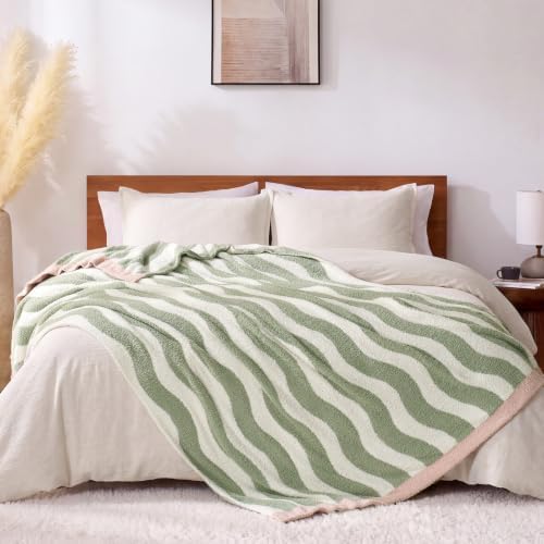 Snuggle Sac Wave Stripe Throw Blanket for Couch, Fuzzy Microfiber Blankets, Throws for Girls Daughter Gifts for Kid, Wave Sage Green White, 60x80 inches