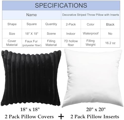 Decorative Throw Pillow with Inserts, Set of 2 Soft Faux Fur Throw Pillows, Square Boho Striped Pillow for Couch, Bed, Sofa Decor(Black, 18" x 18")