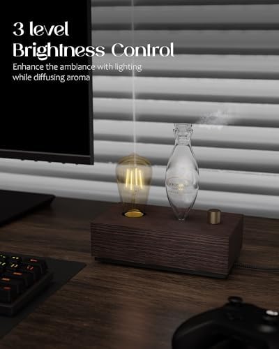 Waterless Oil Diffuser with Wood Base, Tempered Glass Bulb, 3 Color Light