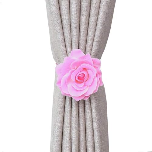 Magnetic Curtain Tiebacks, Rose Flower Tie Backs Rope for Curtains, Elegant 4 Pack Decorative Holdbacks Holders, Home Decor Thin or Sheer Window Drapries Bed Canopy (Pink)