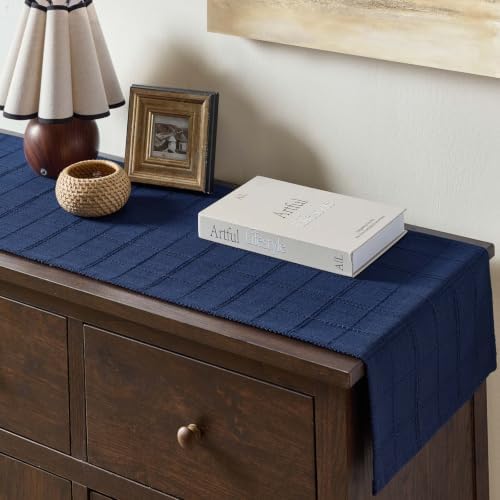 ZeeMart Linen Checked Farmhouse Table Runner, 13x90 Inches Navy Blue