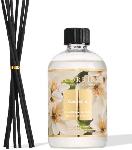 Cocorrína Reed Diffuser Refill Gardenia 10.15oz (300ml) with 8 Sticks - Premium Long-Lasting Floral Essential Oil, Home Fragrance for Bedroom, Bathroom Home Decor