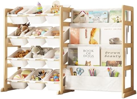 EXPERLAM Toy Storage Organizer with Bookshelf, Kids Toy Organizer and Storage Shelf with 12 White Bins, Solid Pine Wood Book Rack for Playroom, Nursery, Kids Room, Toys and Books