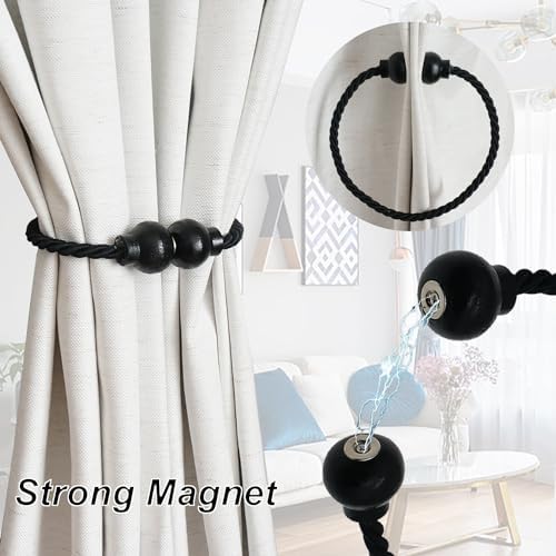 4Pcs Magnetic Curtain Tiebacks Modern Handmade Rope Curtain Tie Backs Black