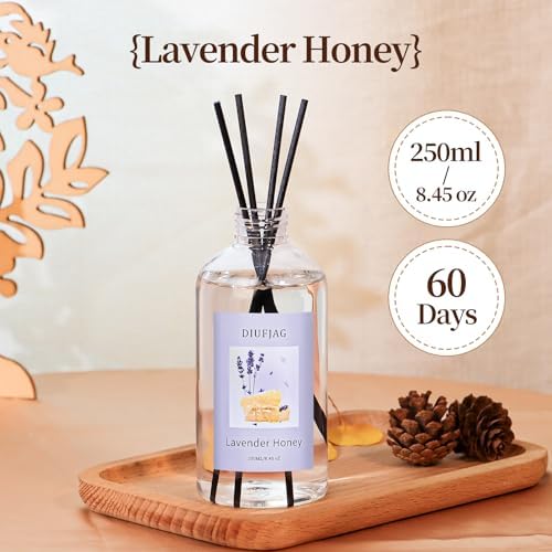 Lavender Honey Diffuser with 20 Black Fiber Sticks, 200ml (6.7 oz) Diffusers for Home Essentials Bathroom,Last up to 60 Days