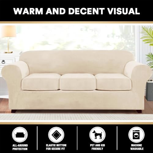 PrinceDeco Velvet Couch Covers for Sofa Soft 4 Pieces Couch Covers for 3 Cushion Couch Sofa Pet Friendly Furniture Protector with Non Slip Elastic Bottom Width Up to 90 Inch (Large, Cream)
