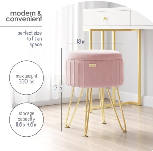 Round Ottoman with Storage, Pleated Velvet Storage Ottoman, Foot Stool Ottomans, Makeup Vanity Stool, Small Ottomans Foot Rest, Modern Vanity Stools for Living Room and Bedroom, Pink