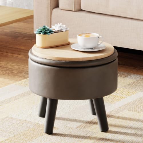 Small Foot Stool Ottoman with Storage, Faux Leather Ottoman Foot Rest for Couch, Round Footstool Ottomans for Living Room (Gray)