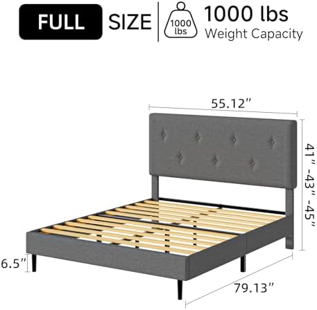 Full Size Linen Bed Frame with Adjustable Headboard Grey